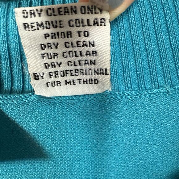 VTG WR Cardigan L 90s Y2K Silk Blend Fur Trim Sweater Turquoise Diamanté Zip-Up - Picture 6 of 9